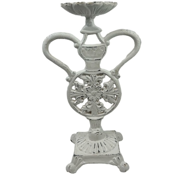 Vintage Cast Iron Candle Holder Painted White 11.5” Tall - Picture 2 of 15